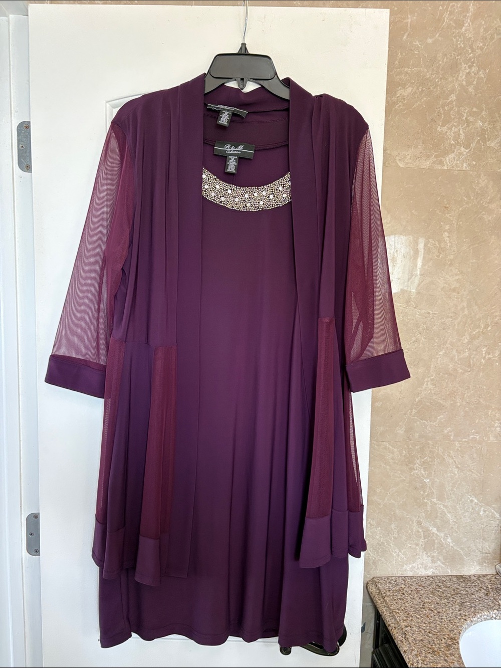 Alex Evenings Plum Beaded Neckline Tunic with Sheer Sleeves